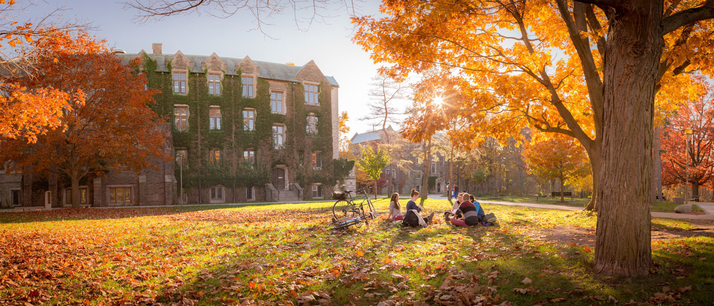 McMaster University campus during the fall with leaves on the ground and a group of students sitting on the grass