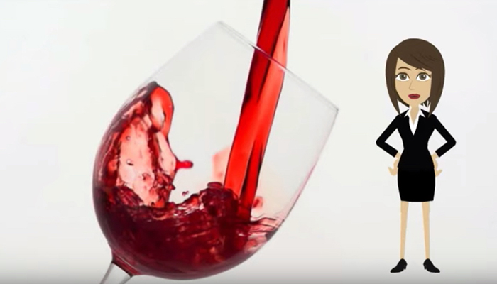 Red wine being poured into a glass beside a cartoon female