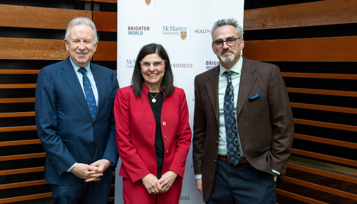 Paul O’Byrne, dean and vice-president of the Faculty of Health Sciences, Filomena Tassi, Minister of the Federal Economic Agency for Southern Ontario, and Anthony Levinson, Professor, Psychiatry and Behavioural Neurosciences at McMaster University.??