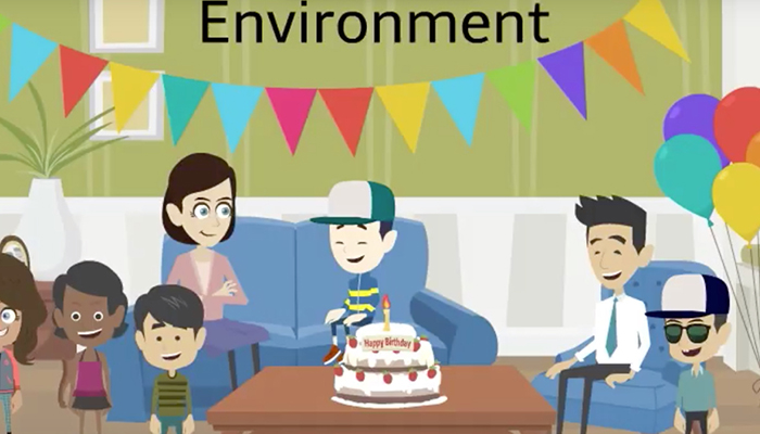 A cartoon showing kids at a birthday party gathered around a cake