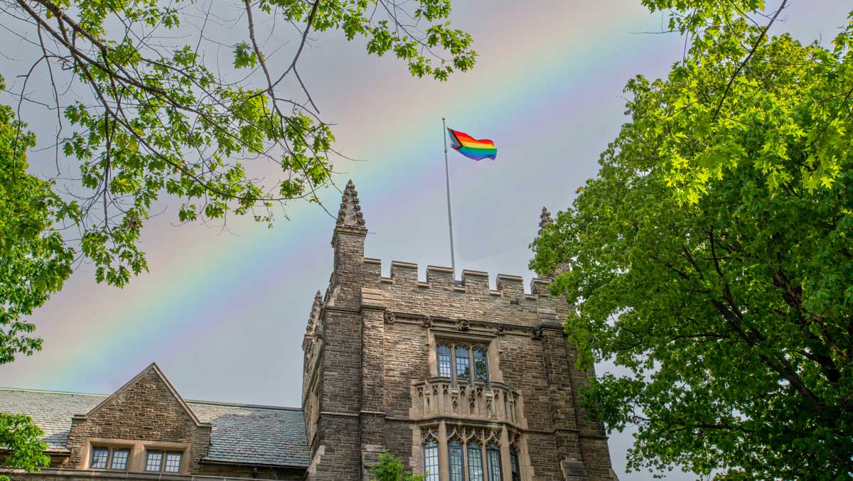 The Pride flag flying above McMaster's University Hall.