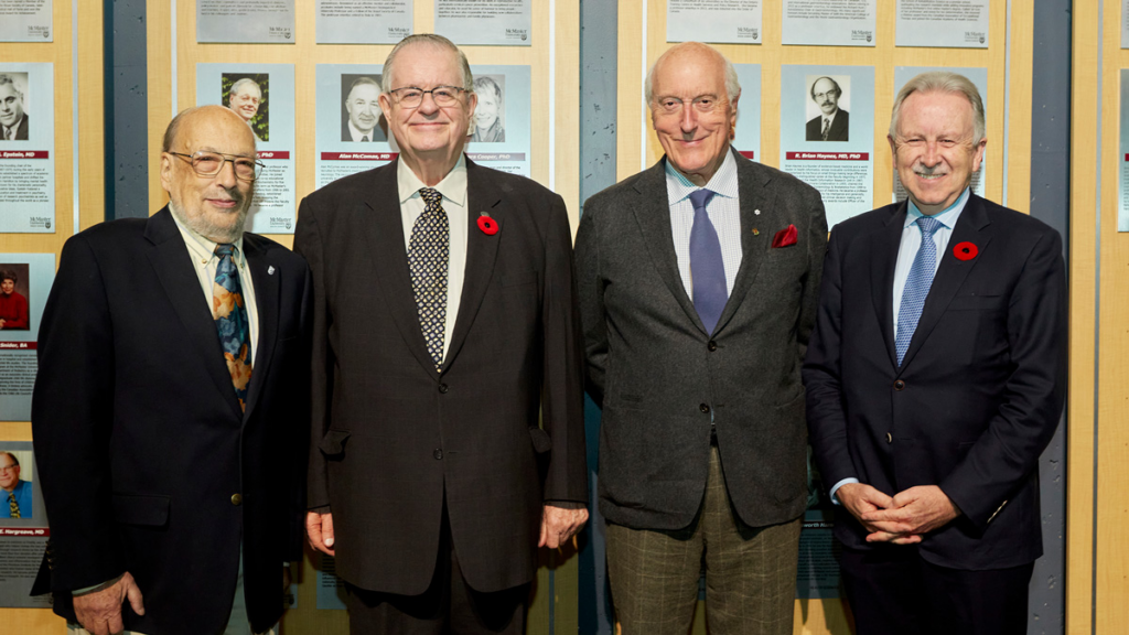 The Faculty of Health Sciences 2023 Community of Distinction inductees from left to right, David Streiner, Charlie Goldsmith and Ronald Barr pictured with Paul O’Byrne, dean and vice-president of the Faculty of Health Sciences.