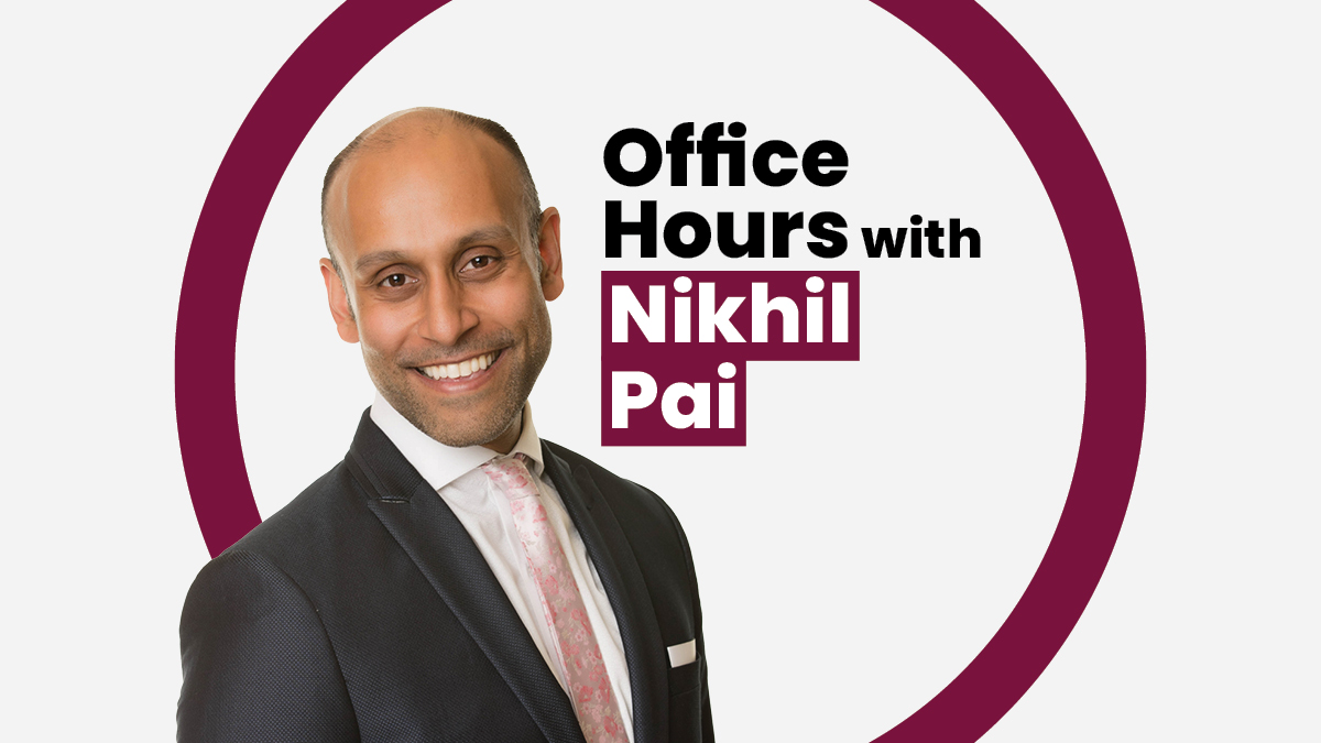 A photo of Nikhil Pai can be seen in this composite image for the McMaster University series, Office Hours.