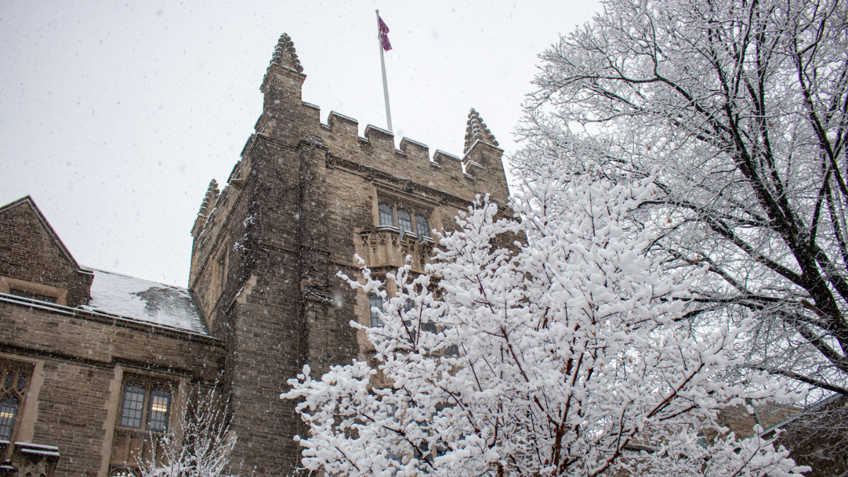 Snow on trees surrounding University Hall in winter.