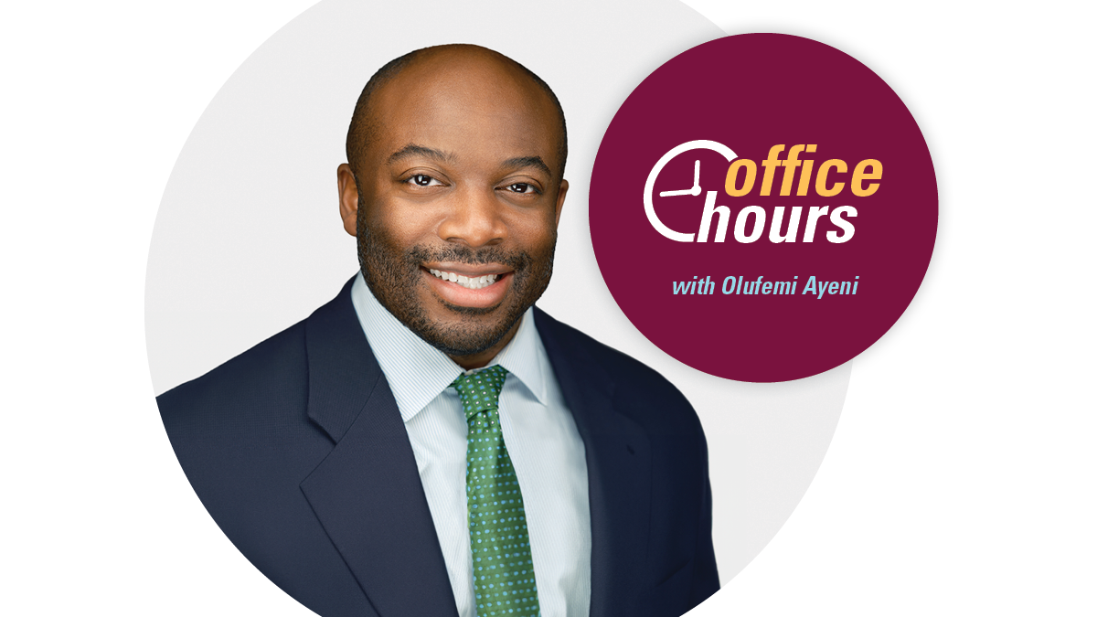 A photo of Olufemi Ayeni can be seen in this composite image for the McMaster University series, Office Hours.