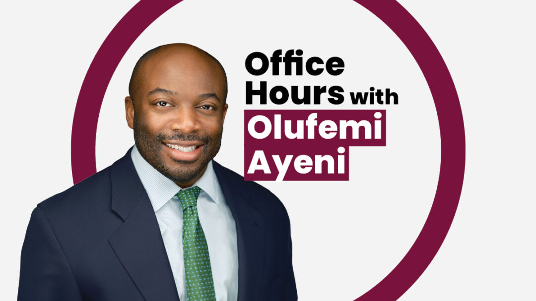 A photo of Olufemi Ayeni can be seen in this composite image for the McMaster University series, Office Hours.