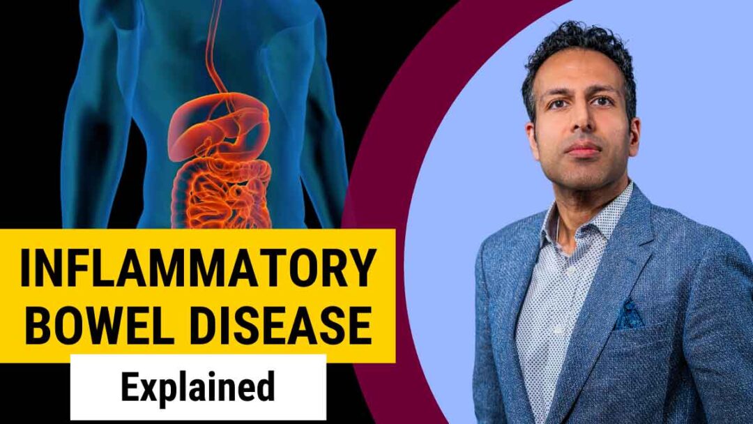 Neeraj Narula beside text: Inflammatory bowel disease explained.