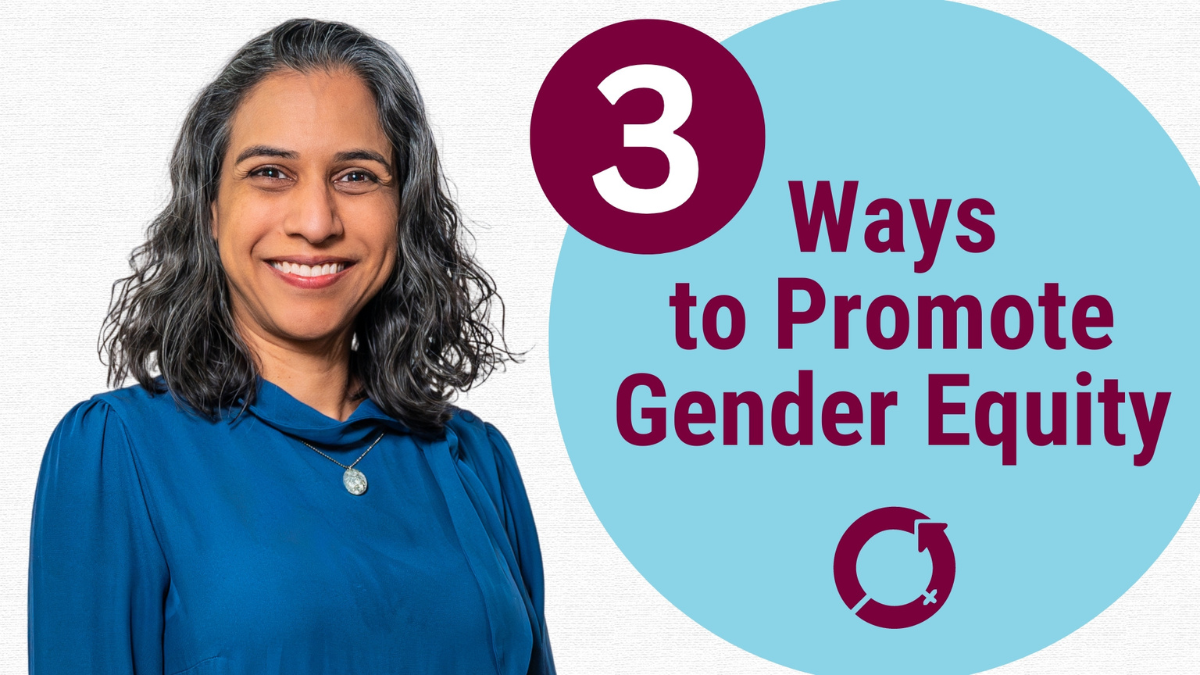Michelle Phoenix beside text: Three ways to promote gender equity.