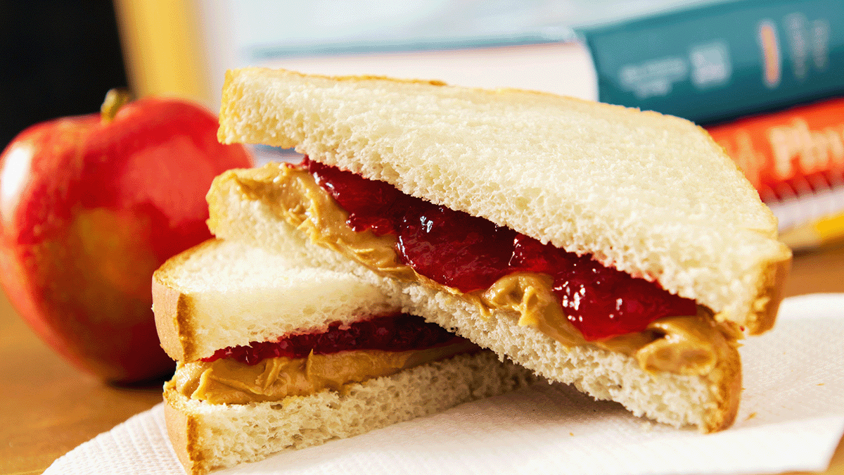A peanut butter and jelly sandwich sits on a table in front of an apple and books.