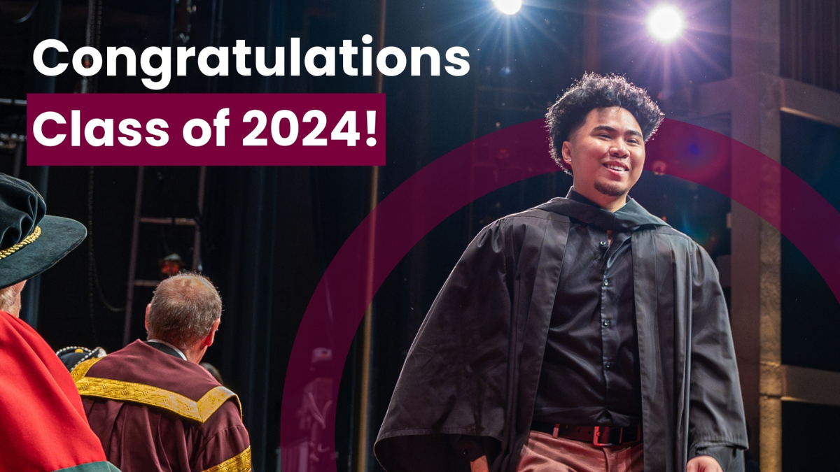 Image of a smiling student crossing the stage at Spring 2024 convocation with text beside the student: Congratulations Class of 2024!