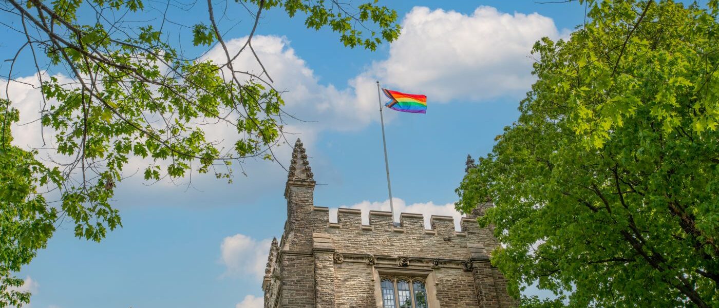 Pride flag flying on top of University Hall.