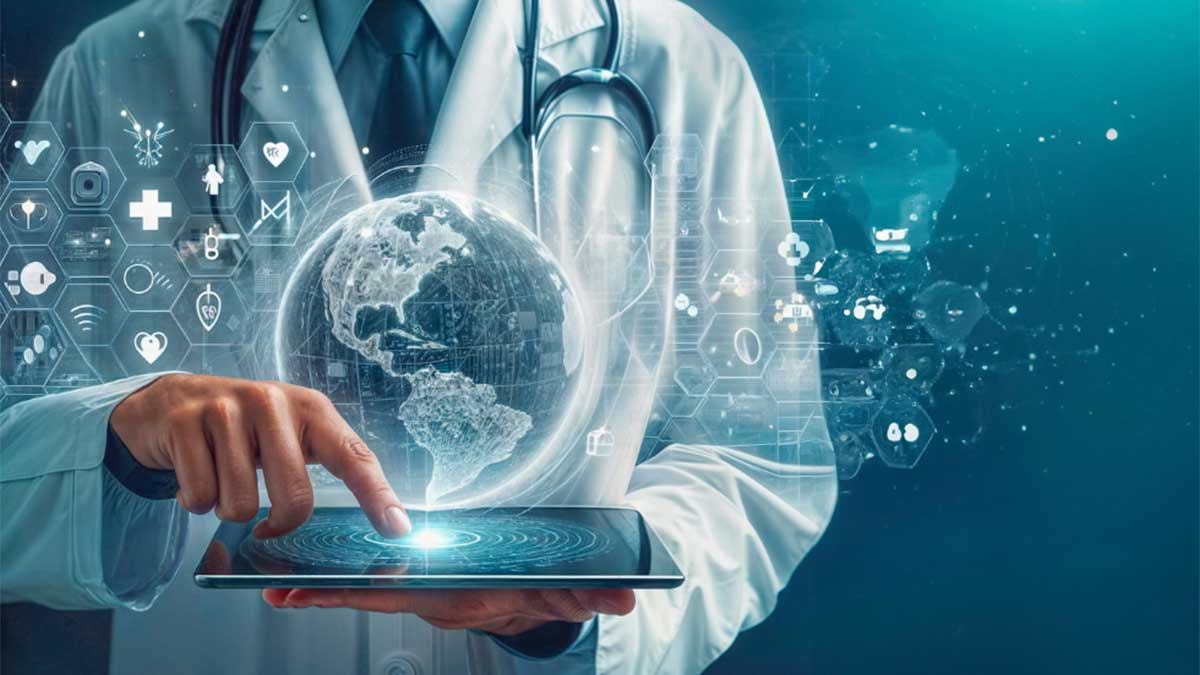 A person wearing a dress shirt, tie and white lab coat with a stethoscope draped over their shoulders. In their hands is a tablet that has digital renderings of a globe and health-related symbols hovering above it.
