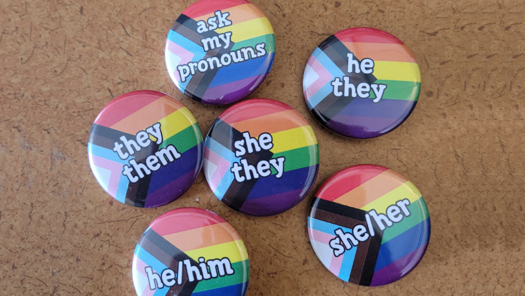 Six buttons with various pride flag designs display pronouns: 