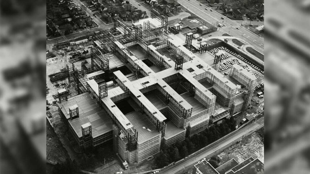 A black and white aerial shot of the McMaster University Medical Center (also known as the Health Sciences Centre) during construction in 1969.