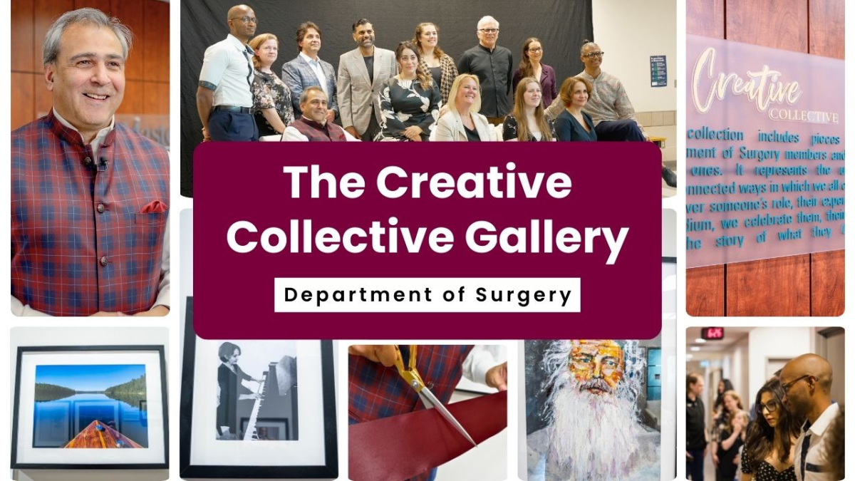 Composite image of Mohit Bhandari, the artwork featured in the gallery, and the artists themselves with text overlaid stating: The Creative Collective Gallery: Department of Surgery.
