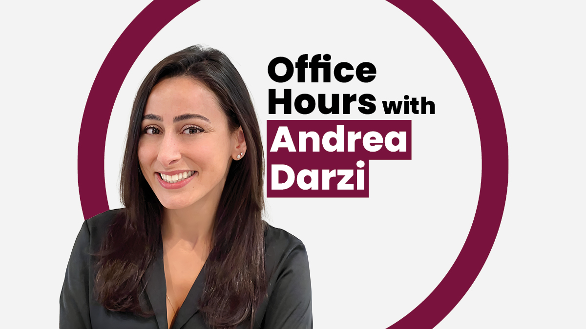 Andrea Darzi smiles to the camera in a composite image for the series “Office Hours”