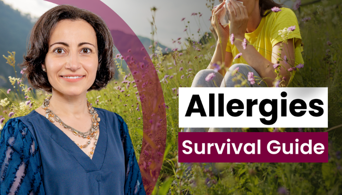 In the foreground is a picture of Mariam Hanna, beside the text: Allergies Survival Guide. In the background is a person sitting on a grassy hill, blowing their nose.