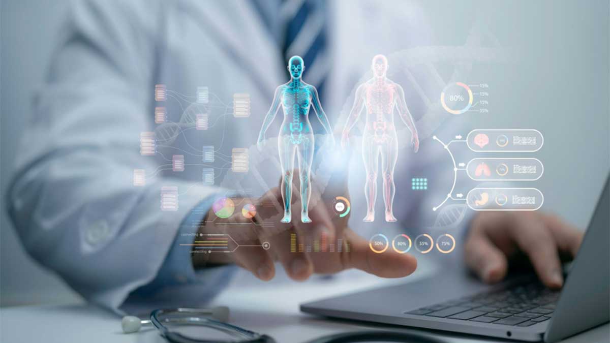 Holographic images of medical diagrams against a blurred researcher in white coat