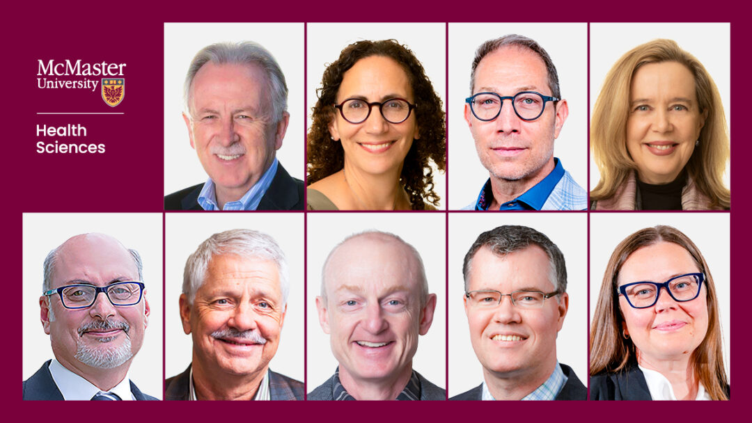 A composite image that combines portraits of the executive leadership team. To the right is the McMaster University-Health Sciences logo on a maroon background.