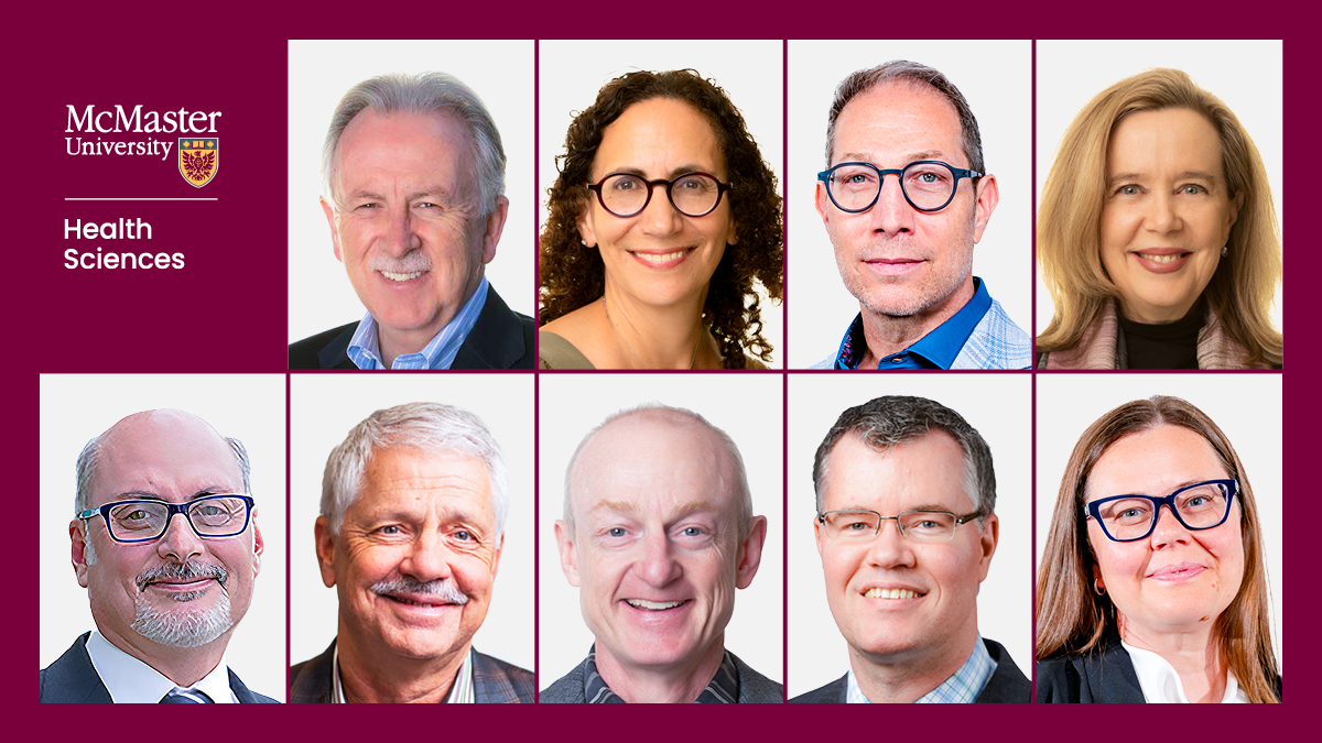 A composite image that combines portraits of the executive leadership team. To the right is the McMaster University-Health Sciences logo on a maroon background.