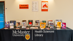 Full table display of the Health Sciences Library's curation collection of books, in recognition of National Day for Truth and Reconciliation.