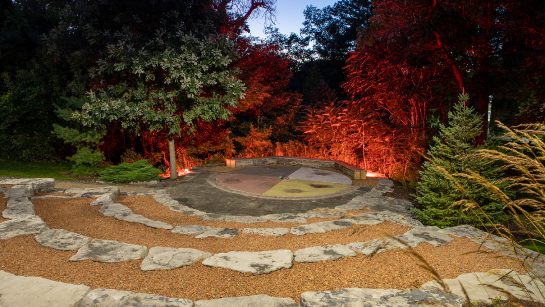 Indigenous Learning Circle illuminated in orange September 29 and September 30, 2022, from 7 pm to sunrise the next morning. Commemorating National Day for Truth and Reconciliation.