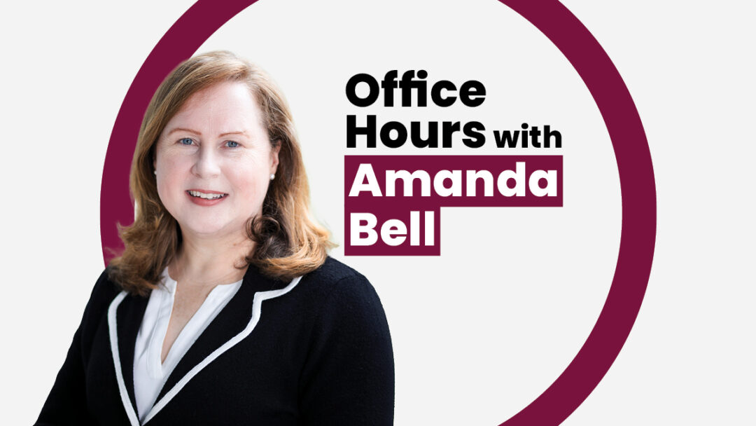 Amanda Bell smiles to the camera in a composite image for the series “Office Hours”