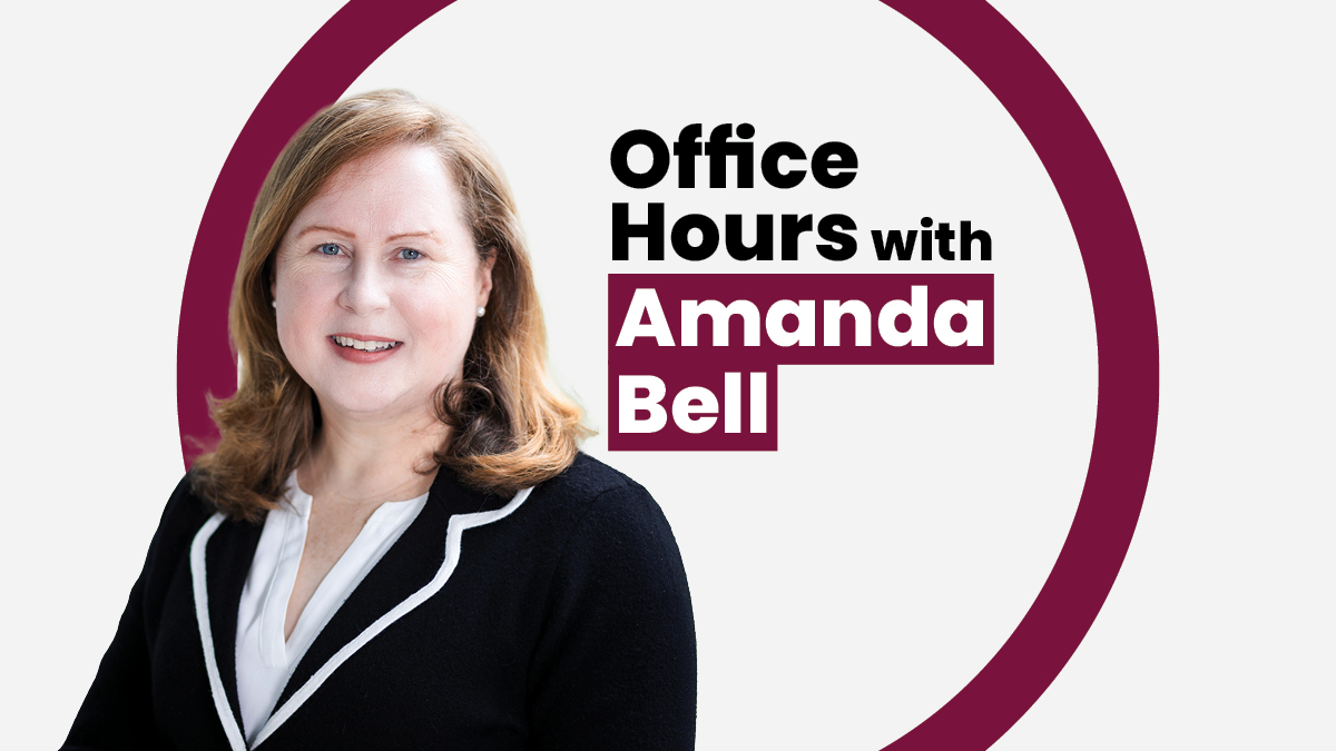 Amanda Bell smiles to the camera in a composite image for the series “Office Hours”