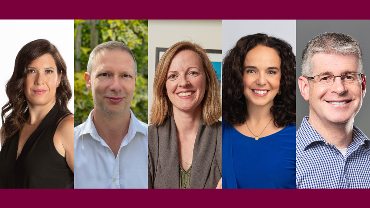 A grid of five headshots set against a maroon background