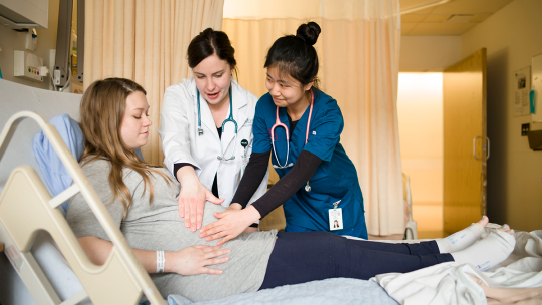 A nursing student and doctor are assessing a pregnant patient in a hospital room.