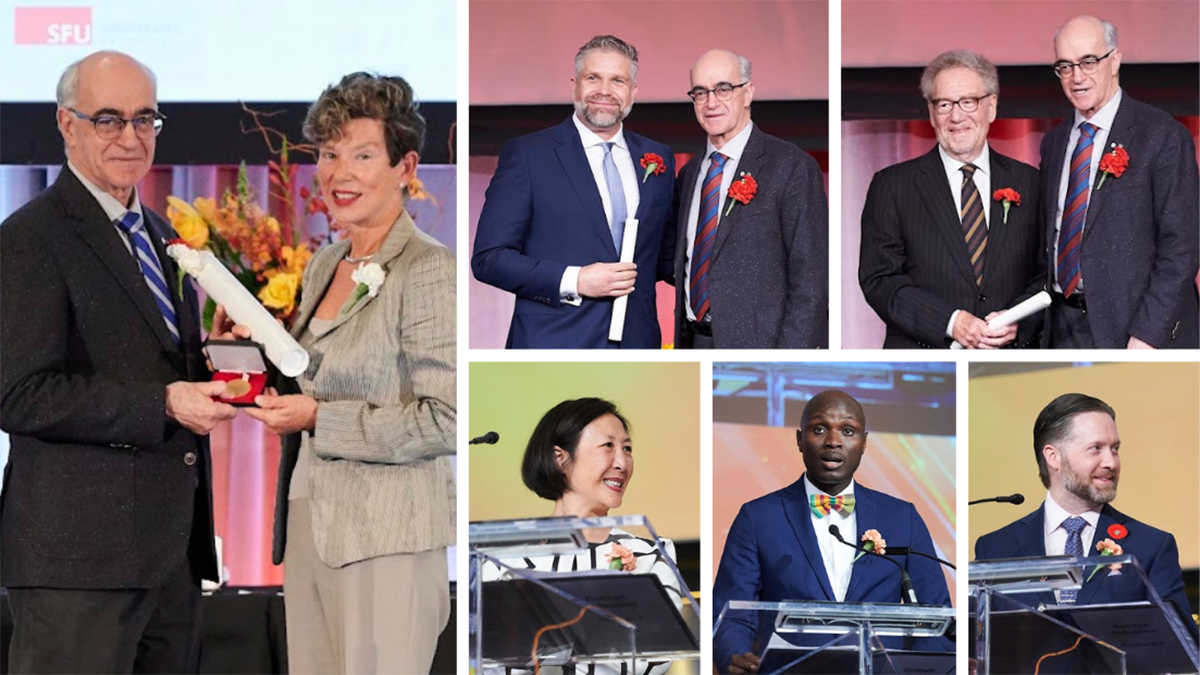 A grid of six photos, each showing a McMaster researcher either speaking at a podium or receiving an award from a man in a suit.