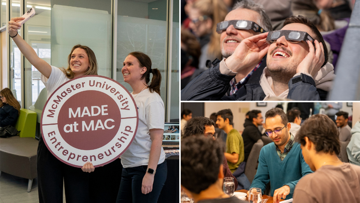 Three photos: a selfie with a 'Made at Mac' sign, two people in eclipse glasses, and a group dining.