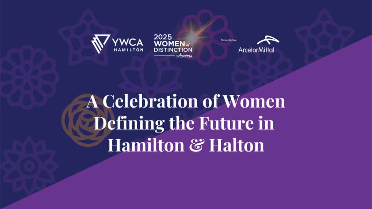 Purple and blue rectangle with text: A celebration of Women Defining the Future, YWCA logos, and sponsor Arcelor Mittal.