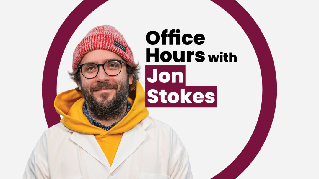 Jon Stokes smiles to the camera in a composite image for the series “Office Hours”